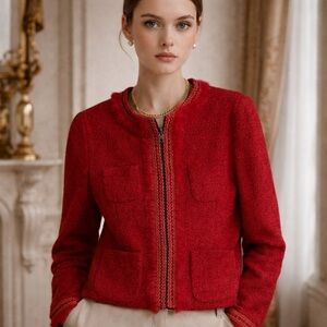 Dstudio Canada Tweed Bomber Jacket Fur Fringe Lace Circle Neck Sz 10 In Red